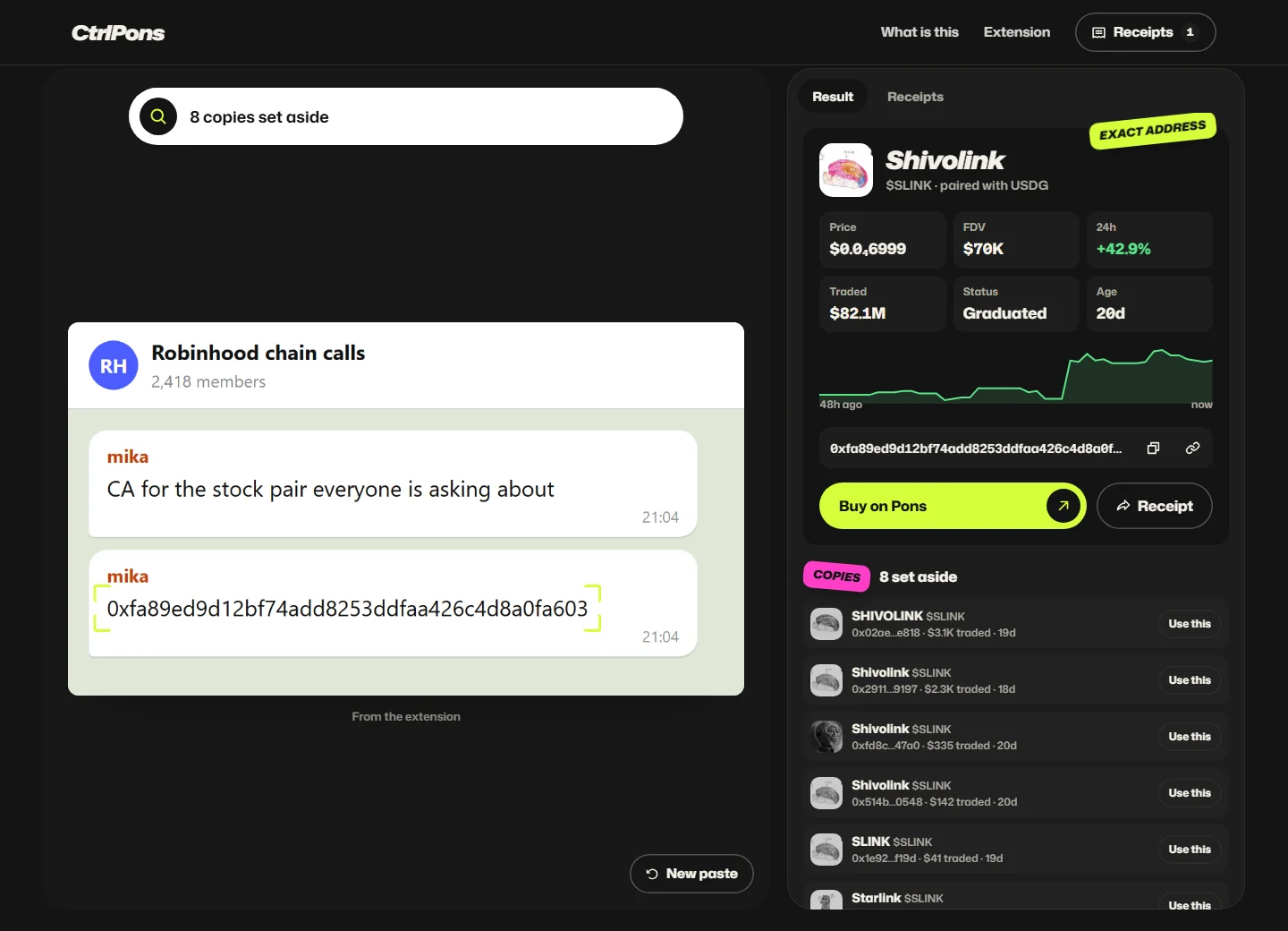 The CtrlPons app reading a chat screenshot sent from the extension and finding the real coin by its address