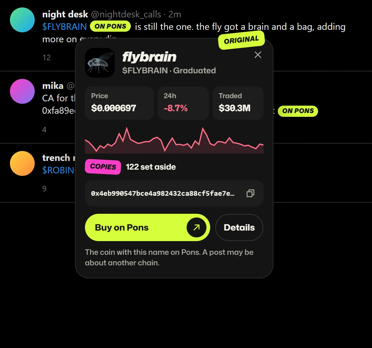 A post on X calling $FLYBRAIN, with the On Pons chip open on the real flybrain coin: price, 24 hour change, 122 copies set aside, Buy on Pons