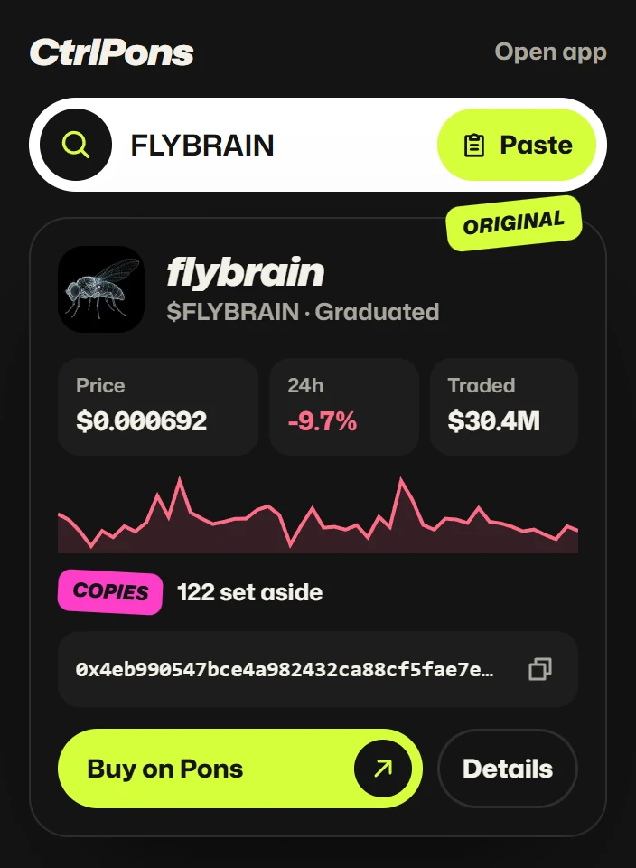 The CtrlPons toolbar popup with $FLYBRAIN typed in and the real coin below